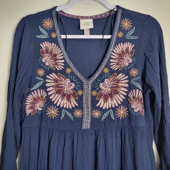 Knox Rose Boho Floral Embroidered V Neck Long Sleeve Navy Midi Dress S - Picture 3 of 9